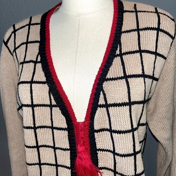 Vintage 70's 80's BOUNDARY WATERS Argyle Zip Up Padded Shoulder Cardigan Sweater - Picture 2 of 10